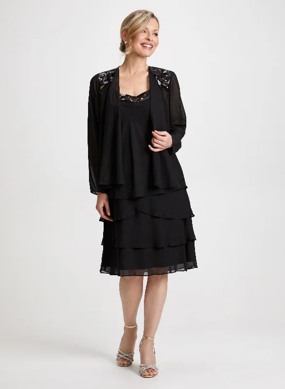 Sequin Trim Chiffon Dress & Jacket Set Notch Collar Peter Pan Collar Cowl Neck