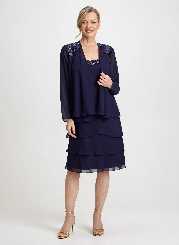 Sequin Trim Chiffon Dress & Jacket Set Denim Fabric Leather Fabric Suede Fabric