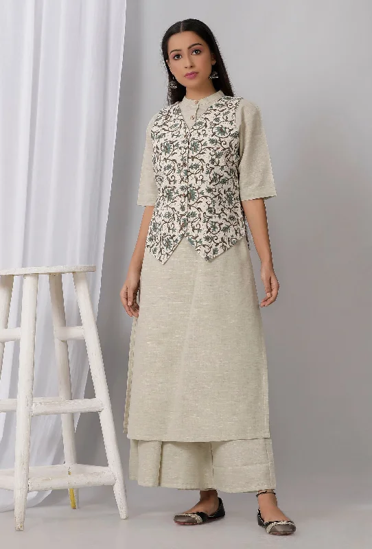 Set of 3 : Green Khadi Blazer with Kurta and Pallazo Women's Stripe Blazer