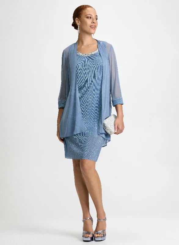 Sheer Jacket & Knit Dress Set Zippered Front Buttoned Front Snap Front