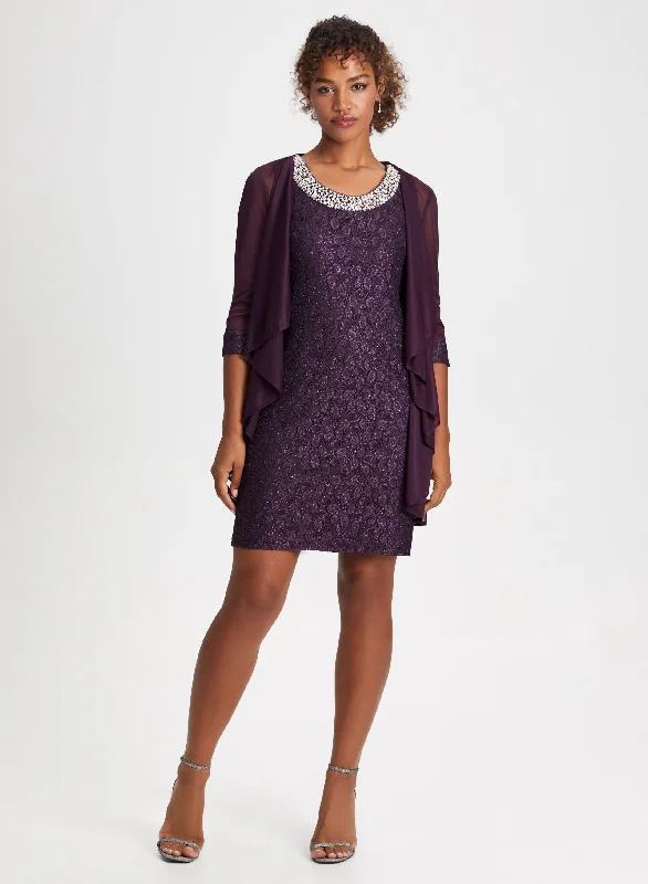 Sequin Lace Dress & Jacket Set Snapped Jacket Toggled Jacket Drawstring Jacket