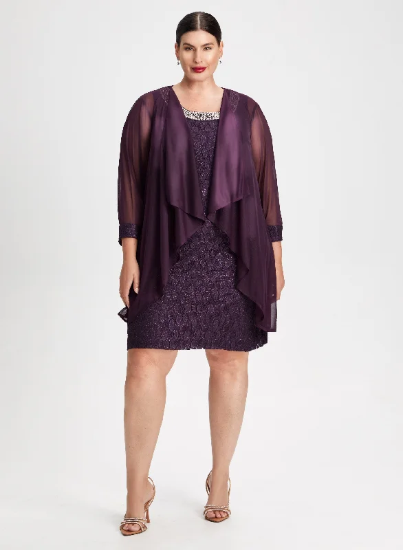 Sequin Lace Dress & Jacket Set A-Line Jacket Boat Neck Shawl Collar