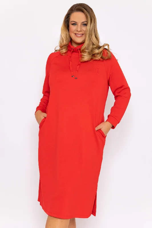 Straight Fit Sweatshirt Dress in Red Hoodie with Bell Sleeves Flared Feminine