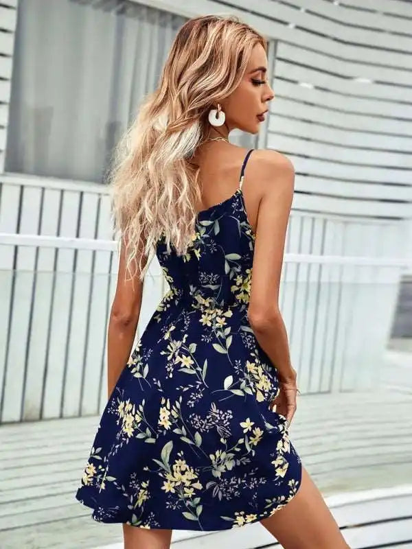 Elegant Sleeveless Dress Pullover Print Elastic Waist Suspender Skirt Three Quarter Sleeve