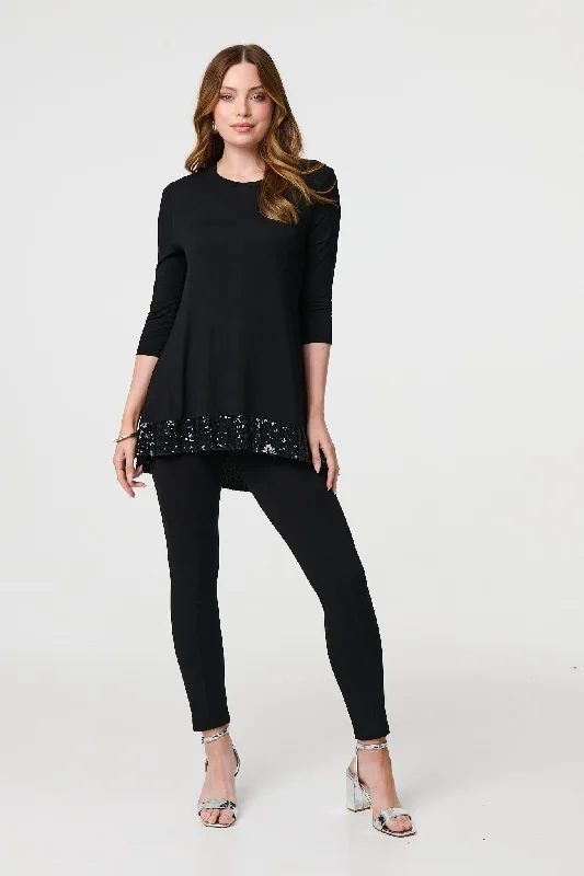 Sequin Trim Longline Jersey T-Shirt Solid Print Embellished