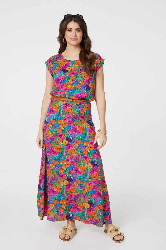 Floral Cap Sleeve Round Neck T-Shirt Sequined Glittery Shiny