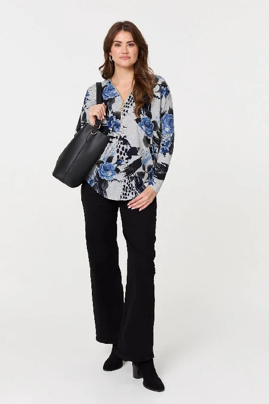 Floral Zip Front V-Neck Sweatshirt Hoodie with Cuffed Sleeves Snug Secure