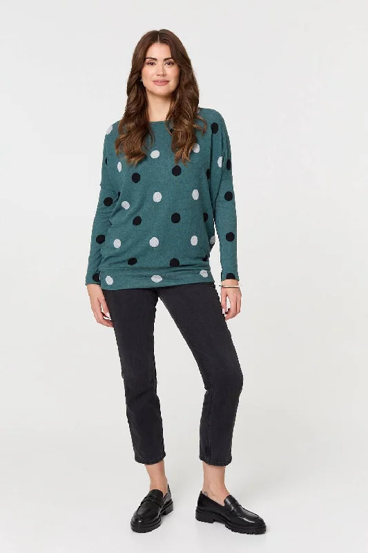 Polka Dot Print Relaxed Sweatshirt Hoodie with Rolled Sleeves Casual Relaxed