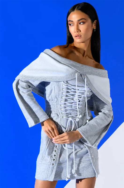TIED UP IN LOVE CORSET LONG SLEEVE SWEATSHIRT DRESS Hoodie with Button Placket Classic Preppy
