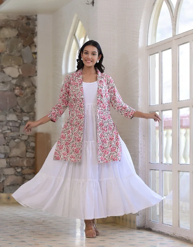 Women's White Flared Dress With Hand Block Jacket - Hatheli Corduroy Jacket Velvet Jacket Brocade Jacket Women's White Flared Dress With Hand Block Jacket - Hatheli Corduroy Jacket Velvet Jacket Brocade Jacket
