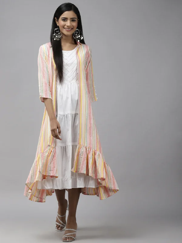 Women's White Tiered Midi Dress With Stripe Jacket - Yufta Insulated Jacket Fitted Jacket Loose Jacket Women's White Tiered Midi Dress With Stripe Jacket - Yufta Insulated Jacket Fitted Jacket Loose Jacket