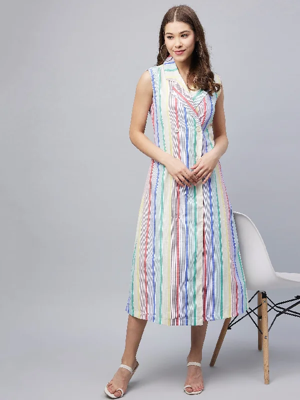 Women's Multi Coloured Striped Blazer Midi Dress - Stylestone Women's Luxurious Jacket