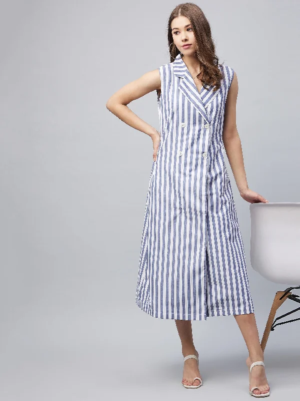 Women's Blue Striped Blazer Midi Dress - Stylestone Women's High-End Blazer
