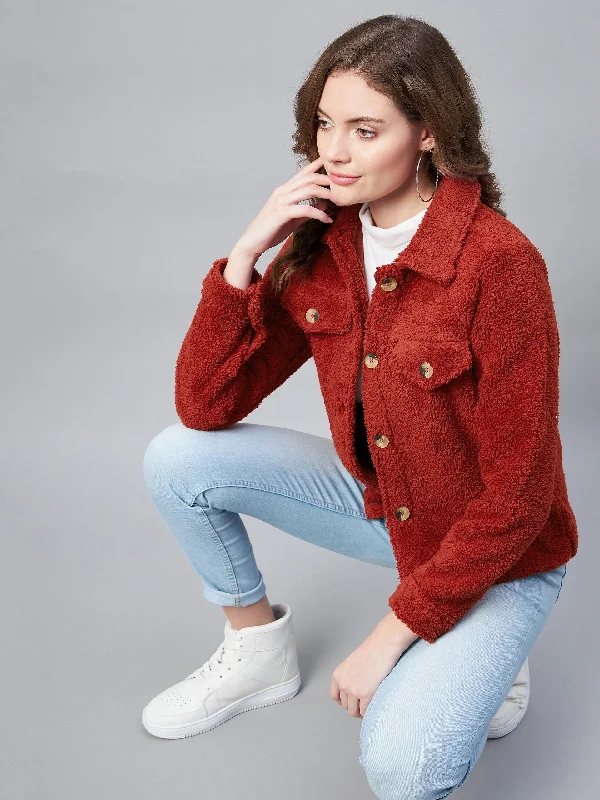 Women's Red Fleece Casual Winter Jacket - StyleStone Faux Fur Fabric Real Fur Fabric Shearling Fabric Women's Red Fleece Casual Winter Jacket - StyleStone Faux Fur Fabric Real Fur Fabric Shearling Fabric