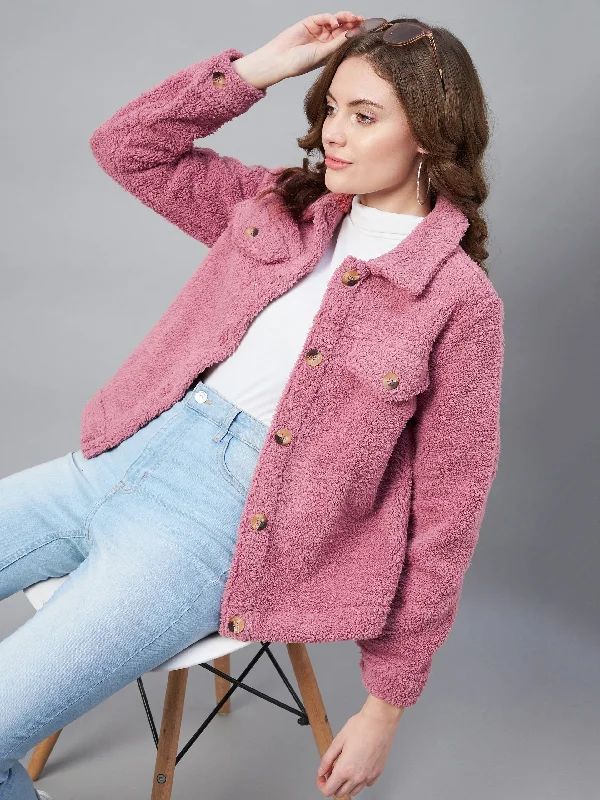 Women's Pink Fleece Casual Winter Jacket - StyleStone Satin Fabric Silk Fabric Chiffon Fabric Women's Pink Fleece Casual Winter Jacket - StyleStone Satin Fabric Silk Fabric Chiffon Fabric