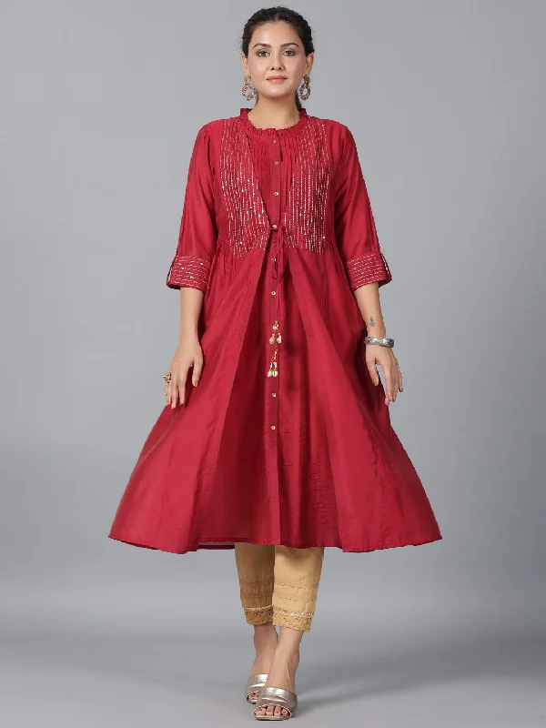 Women's Maroon Chanderi Embroidered Jacket Style Kurta Dress - Juniper Collared Jacket Crew Neck Jacket Turtle Neck Jacket Women's Maroon Chanderi Embroidered Jacket Style Kurta Dress - Juniper Collared Jacket Crew Neck Jacket Turtle Neck Jacket