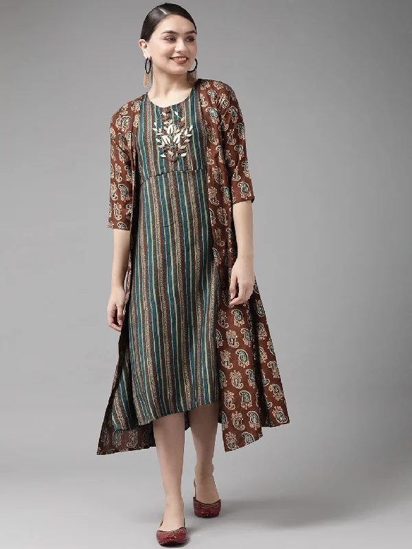 Women's Teal Green & Coffee Brown Striped Yoke Embroidered Midi A Line Dress & Ethnic Jacket - Yufta A-Line Jacket Boat Neck Shawl Collar Women's Teal Green & Coffee Brown Striped Yoke Embroidered Midi A Line Dress & Ethnic Jacket - Yufta A-Line Jacket Boat Neck Shawl Collar
