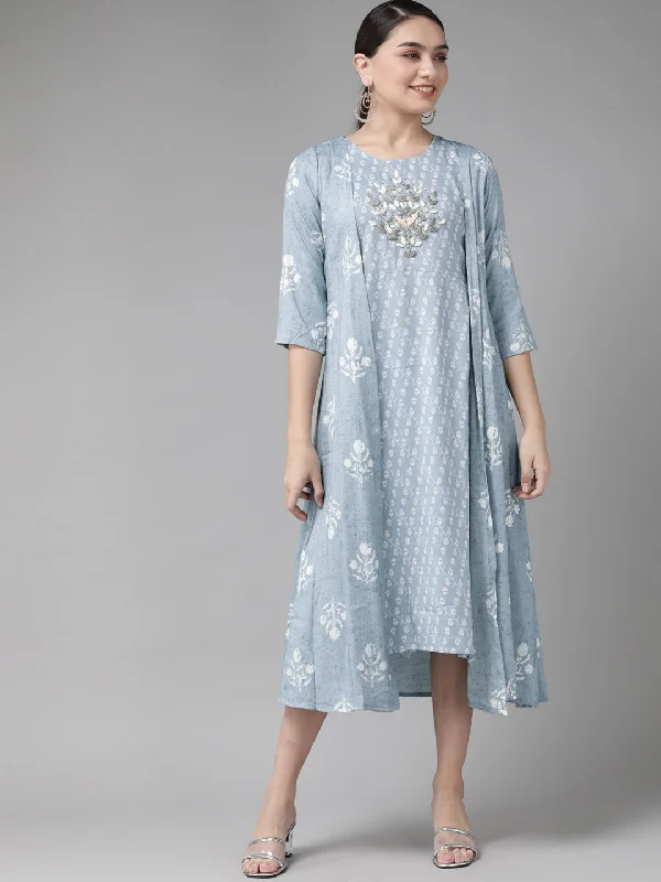 Women's Blue & White Floral Printed Ethnic A Line Midi Dress With Jacket - Yufta Notch Collar Peter Pan Collar Cowl Neck Women's Blue & White Floral Printed Ethnic A Line Midi Dress With Jacket - Yufta Notch Collar Peter Pan Collar Cowl Neck