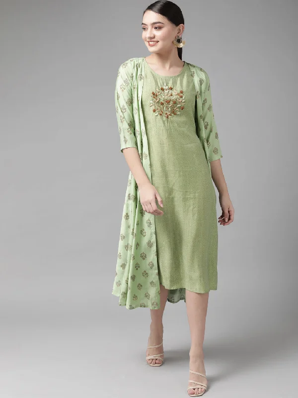 Women's Green & Brown Floral Print Ethnic A Line Midi Dress With Jacket - Yufta Zippered Front Buttoned Front Snap Front Women's Green & Brown Floral Print Ethnic A Line Midi Dress With Jacket - Yufta Zippered Front Buttoned Front Snap Front