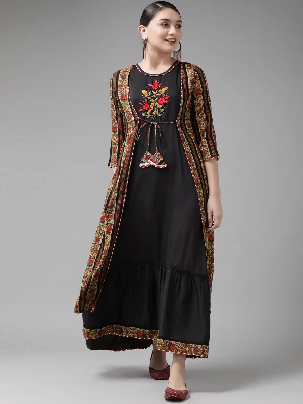 Women's Black & Red Solid Embroidered Detail A Line Maxi Dress With Ethnic Jacket - Yufta Front Pockets Side Pockets Patch Pockets