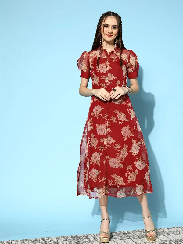 Women's Red Floral A Line Jacket And Inner - Yufta Welt Pockets Slit Pockets Flap Pockets