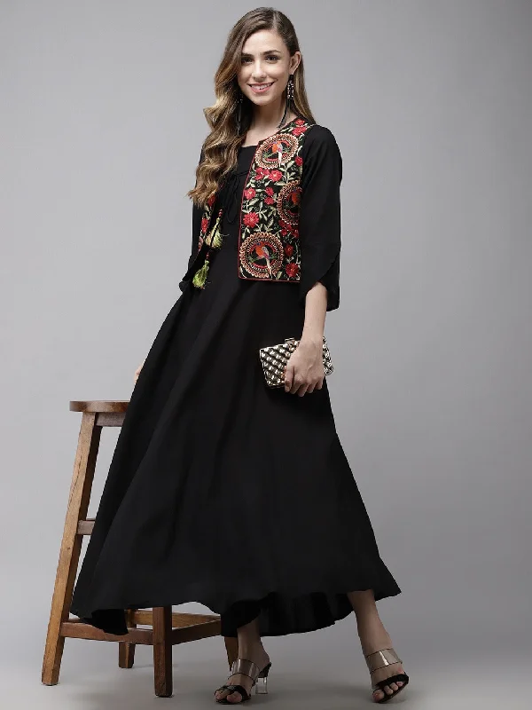 Women's A Line Black Dress With Red Embroidered Jacket - Yufta Jersey Jacket Tulle Jacket Batik Jacket