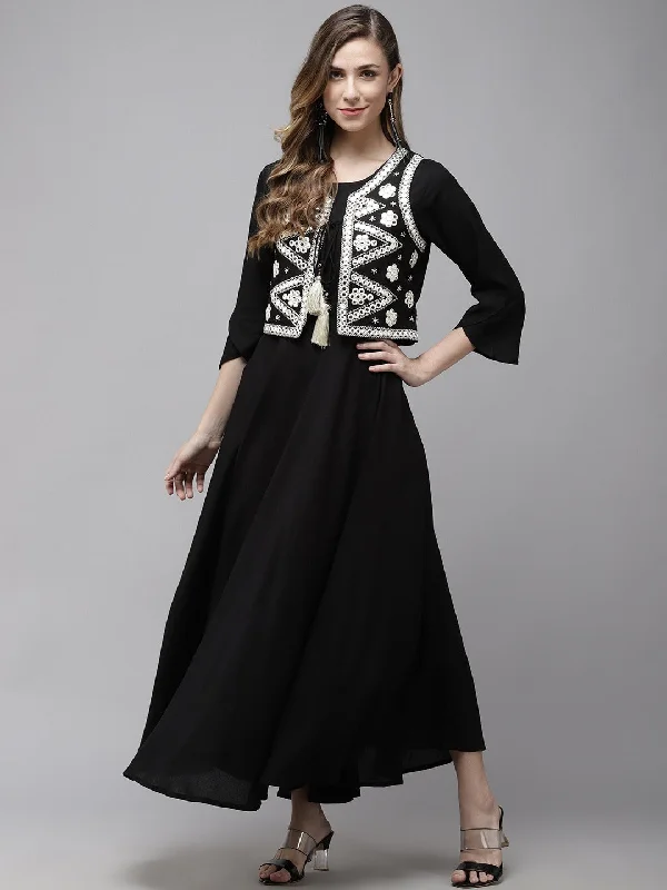 Women's A Line Black Dress With White Embroidered Jacket - Yufta Knit Fabric Woven Fabric Fleece Fabric Women's A Line Black Dress With White Embroidered Jacket - Yufta Knit Fabric Woven Fabric Fleece Fabric