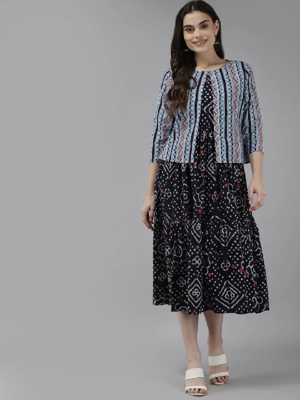 Women's Blue & White Pure Cotton Ethnic Motifs A Line Midi Dress With Jacket - Yufta Wool Fabric Cashmere Fabric Tweed Fabric Women's Blue & White Pure Cotton Ethnic Motifs A Line Midi Dress With Jacket - Yufta Wool Fabric Cashmere Fabric Tweed Fabric