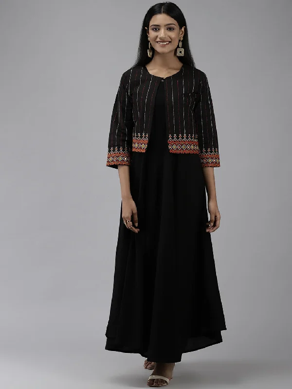 Women's Black Ethnic A-Line Maxi Dress With Jacket - Yufta Oversized Jacket Tailored Jacket Straight Jacket Women's Black Ethnic A-Line Maxi Dress With Jacket - Yufta Oversized Jacket Tailored Jacket Straight Jacket