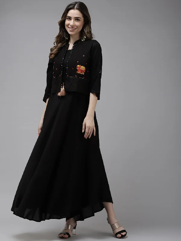 Women's Black Solid Ethnic A Line Midi Dress With Jacket - Yufta Denim Fabric Leather Fabric Suede Fabric Women's Black Solid Ethnic A Line Midi Dress With Jacket - Yufta Denim Fabric Leather Fabric Suede Fabric