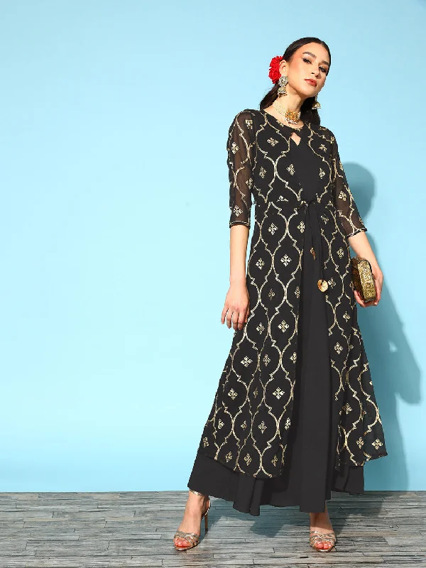 Women's Olive Printed Jacket Style Dress - Ahalyaa Appliqued Jacket Beaded Jacket Sequined Jacket Women's Olive Printed Jacket Style Dress - Ahalyaa Appliqued Jacket Beaded Jacket Sequined Jacket