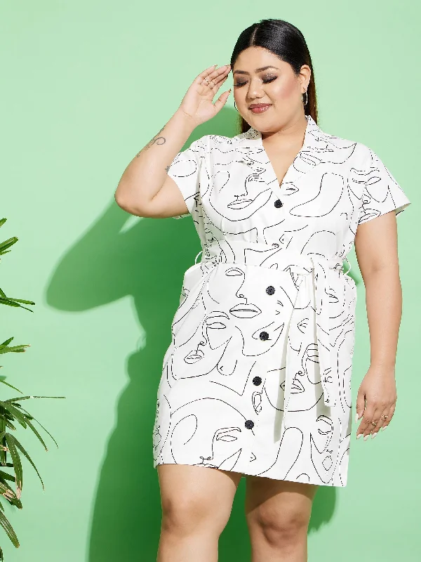 Women's White Face Print Twill Belted Blazer Dress - SASSAFRAS Women's Custom Jacket