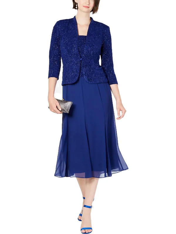 Womens 2PC Glitter Dress With Jacket Ribbed Jacket Pleated Jacket Ruffled Jacket