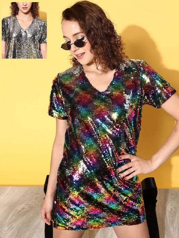Women's Black Multi-Sequin V-Neck T-Shirt Dress - Lyush Cashmere Blend Cotton Blend Poly Blend