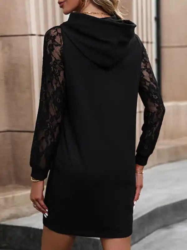 Women’s new solid color hooded long-sleeved sweatshirt dress Hoodie with Ribbed Neckline Snug Warm
