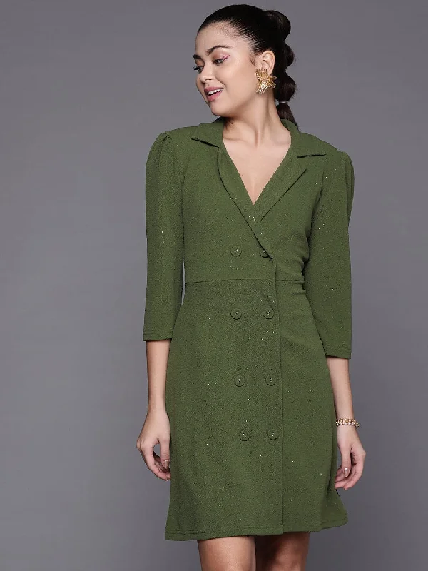 Women's Olive Shimmer Double Breasted Blazer Dress - Lyush Women's Trendy Jacket