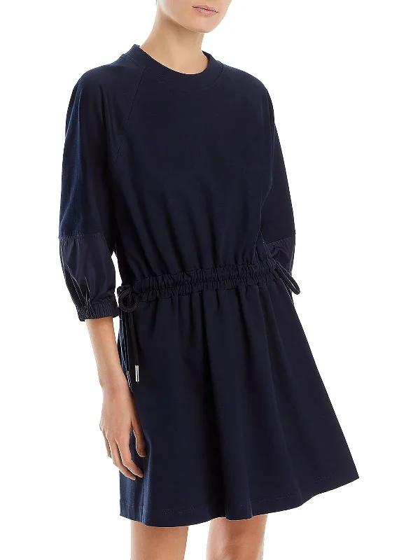Womens Smocked Midi Sweatshirt Dress Hoodie with Drawstring Waist Adjustable Fitted