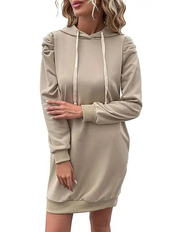 Women’s solid color long sleeve sweatshirt dress Hoodie with Elastic Cuffs Stretchable Comfortable