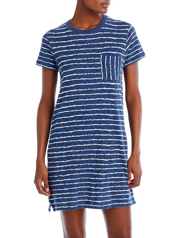 Womens Striped Mini T-Shirt Dress Hooded Caped Shawl Collar