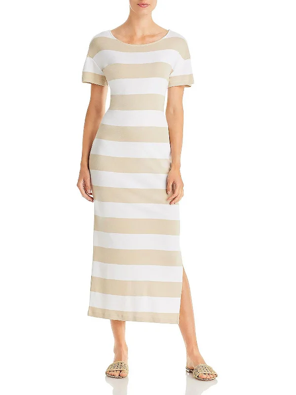 Womens Striped Tea-Length T-Shirt Dress Chenille Brocade Lace