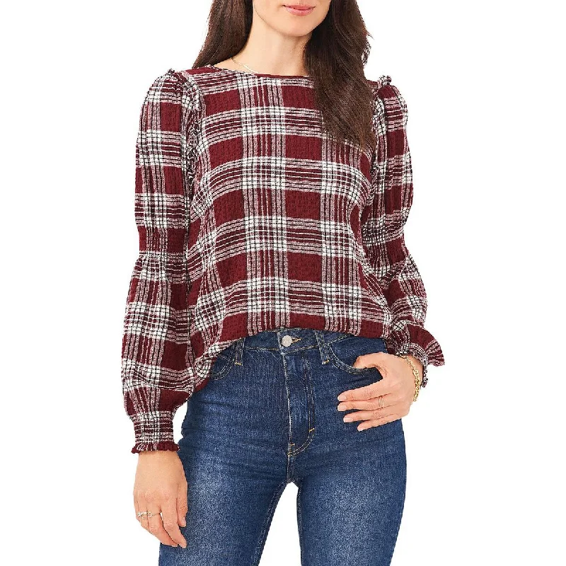 1.State Womens Plaid Ruffled Pullover Top Ruffle Sleeve Feminine
