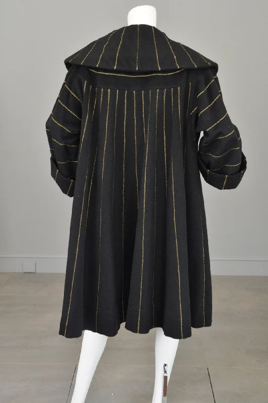 1950s 60s Black Wool Gold Metallic Swing Coat MOD Coat Functional Travel Jacket
