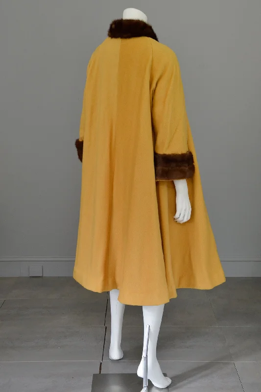 1950s 60s Mink Trim Goldenrod Swing Coat Ruched Sleeve Blazer