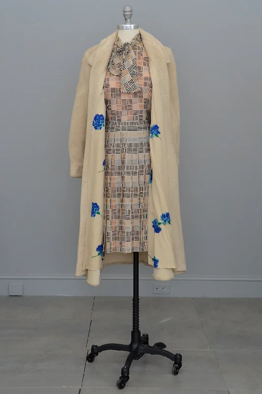 1950s Oatmeal Soft Faux Fur Long Coat w/ Rose Print Lining Polished Tailored Coat