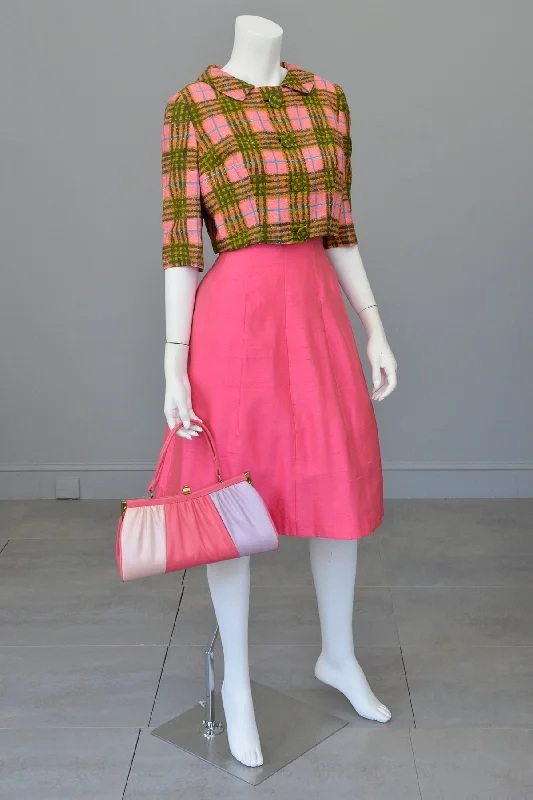 1950s Hot Pink + Olive Green Plaid Bolero Blazer Women's Fashion Blazer