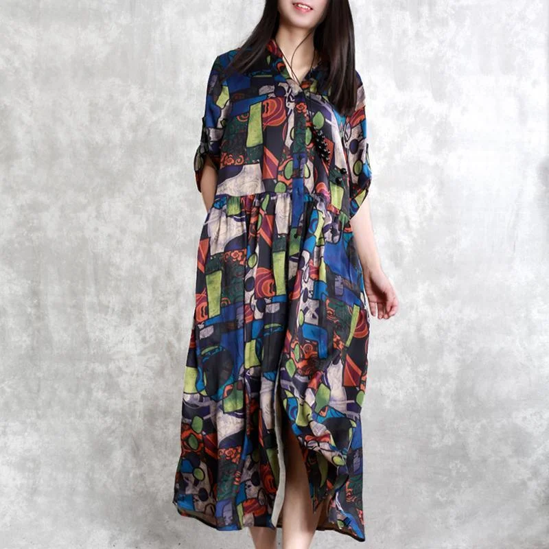 Blue Prints Chiffon Summer Dress Caftans Plus Size Stand Collar Casual Maxi Cardigan Zippered Buttoned Snapped Blue Prints Chiffon Summer Dress Caftans Plus Size Stand Collar Casual Maxi Cardigan Zippered Buttoned Snapped
