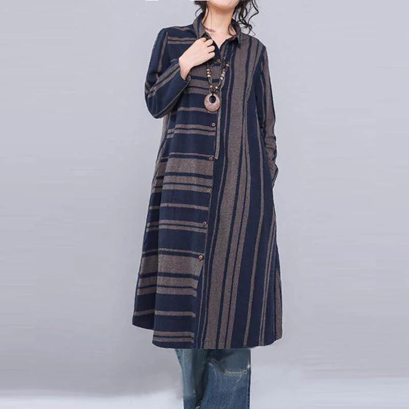 2018 blue striped linen shirt dress oversize patchwork linen shirt coats casual lapel collar cardigans Terry Terry Cloth Terry Knit