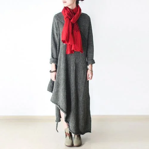 2018 gray knit dresses casual o neck long knit sweaters Fine asymmetric pullover sweater Flutter Sleeve Feminine