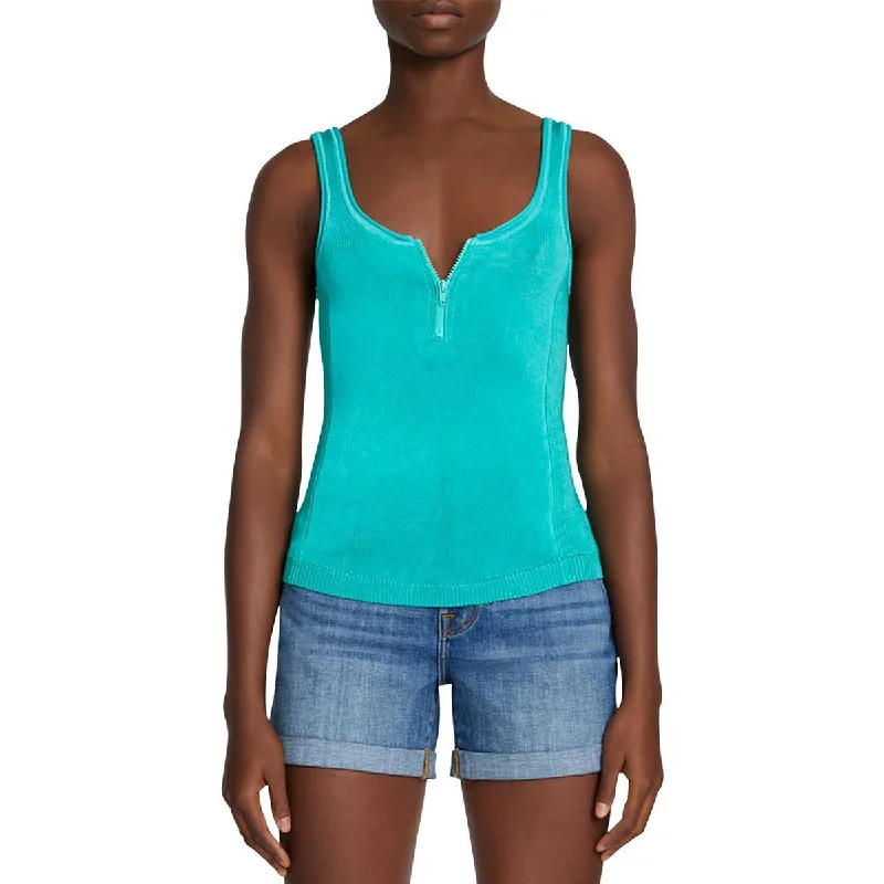 7 For All Mankind Womens High Shine Ribbed Knit 1/4 Zip Tank Top silver tank top