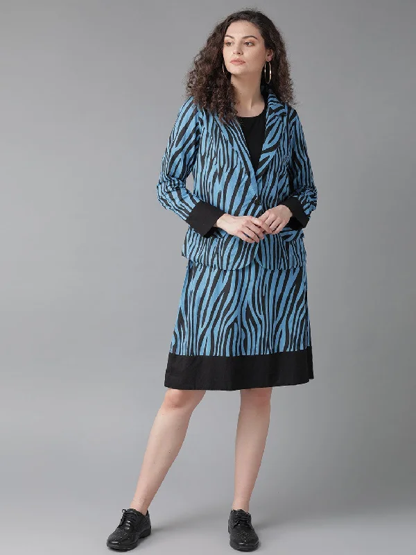 Women's Blue & Black Animal Printed A-Line Dress with Jacket - AKS Toggled Jacket Drawstring Jacket Belted Jacket Women's Blue & Black Animal Printed A-Line Dress with Jacket - AKS Toggled Jacket Drawstring Jacket Belted Jacket